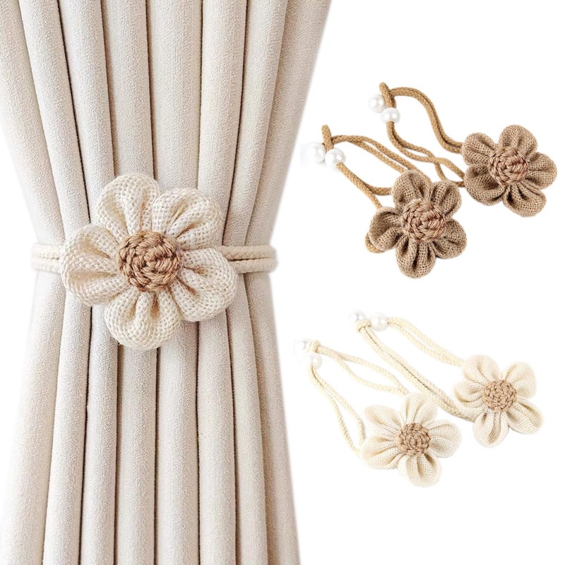 SRG 4pcs Handmade Pearl Curtain Tiebacks Boho Flower Curtain Holdbacks with Buckle Pins Simple Elegant Sunflower Rope Curtain Boho Bedroom Decor(Large Cream&Khaki) - Image 1
